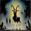 Placeholder: "Skinny Puppy" album cover, spirit Ogre wane goat tell deafen key, by Wilfredo Lam, by Stephen Gammell, weird-core landscape, social critique, sharp strong lines, ominous colors, scary hues, wicked illusions peaking from a dark industrial background, volumetric lighting, pro-animal activism