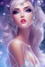 Placeholder: A beautiful girl with make up, centerfold, leaning forward, mini skirt, high heels, open top, butteries white, silver and chrome bright, beautiful in spring, splash, big perfect eyes, rim lighting, lights, magic, fantasy,