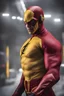 Placeholder: the Reverse Flash with yellow Flash suit, red boots, red belt, red wrist gauntlets, reversed red and black chest logo, extremely exaggerated muscular stature, posing for the cameras, Professional Quality 35mm Photograph, 4k UHD, hyper-realistic, Photorealistic, extremely detailed, High resolution