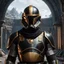 Placeholder: star wars bald male corellian pilot wearing pearlescent black and gunmetal grey First Order special forces heavy assault stealth commando armor and helmet with gold trim inside the jedi temple, hyperdetailed, dynamic lighting, hyperdetailed background, 8k resolution, volumetric lighting, light skin, fully symmetric details