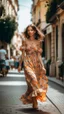 Placeholder: a beautiful designer European summer dress, hot summer, busy street, sweating, fashion photography, long shot