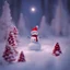 Placeholder: A (((small miniature glowing snowman with red Santa hat on his head and a red scarf and red white coat and pants ))) standing in a ((snowy mushroom garden)), with a (twilight backdrop that limns the surrounding ((huge trees))