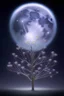 Placeholder: a background of softly blended blues, greys, silvers, purples, and whites with distant, twinkling stars in the sky, an a spherical serene moon, casting a soft glow of light on a foreground of a field of various flowers surrounding a tree of life