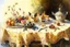 Placeholder: Cake with fruits on a lace tablecloth on a kitchen table, oil on canvas, knife palette, watercolor and ink, dogs, Jean Baptiste Monge, Jacek Yerka in sunshine