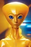 Placeholder: Full head to toe portrait + profile of a creature with (((a flat orange triangle pointing downwards for a head))), large round eyes like bright yellow headlights, a small body, its feet are in seamless silver and orange skin-tight boots with its skin-tight jumpsuit. It stands out against a white background.