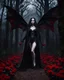 Placeholder: Facing front photography Gothic Art Style realistic Full body,creepy Vampire ghost woman long hair straddle wings bat she on walk on creepy,in dark night mystery forest,red roses flowers sorrounded background,dramatic angle, extreme angle shot, trypophobia, horror