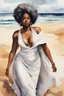 Placeholder: Create an urban culture watercolor painting of a beautiful thick black female wearing a soft white maxi dress and a white hair wrap. Prominent make up with lush lashes. Highly detailed tightly curly afro. Background of her walking in the sand by the ocean.