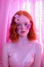 Placeholder: Autochrome of sadie sink, she has flowers on her face, the light is pink, à pink curtain in the background with glitter