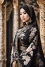 Placeholder: Gorgeous Realistic Photography Super model Asian as Beautiful hijab girl dressing Batik pattern flowers gown luxury black and jewelry,luxury palace background, close-up portrait