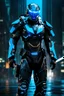 Placeholder: cyberpunk, neon blue, high technology, geometric figures, orbiting figures, cyberpunk suit, black and blue, epic, rain, neon blue suit, geometric figures orbiting around suit, exosuit, technological armour, a person wearing technological armour, cyberpunk armour, detailed armour, male