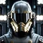 Placeholder: star wars bald male corellian pilot wearing pearlescent black and gunmetal grey First Order special forces heavy assault armor and helmet with gold trim inside the jedi temple, centered portrait, hyperdetailed, dynamic lighting, hyperdetailed background, 8k resolution, volumetric lighting, light skin, fully symmetric details