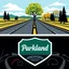 Placeholder: design for a shop that does oil changes, top has elements of beautiful park highway drive on flat land with elm and poplar trees, bottom shows the engine under car hood. on windshield is written "Parkland", all inside a shield shape with squared top and rounded bottom, in the style of national parks stickers