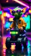 Placeholder: portrait of quickling Hairy Gremlin myth buster pimp ninja yoga cyber punk in flying hipster lawn tractor parked in dark neon lit reflective wet arcade hall tunnel,bokeh like f/0.8, tilt-shift lens 8k, high detail, smooth render, down-light, unreal engine, prize winning