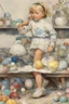 Placeholder: full color - a tiny little blonde girl in shorts and a turtleneck sweater coloring Easter eggs - line art by Norman Rockwell