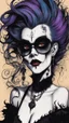 Placeholder: Maurice Sendak, Edward Gorey, and Ralph Steadman style, close up, full body, caricature portrait illustration, of a gothpunk vampire girl, with highly detailed hair and facial features, precisely drawn and inked in vibrant chromatic color