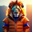 Placeholder: Lion toddler, smile, steampunk headphone, sunglass, gangsta neckless, full body, orange puffer jacket, tokio background, dramatic lighting, hyper realistic, unreal engine 5, 16k