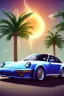 Placeholder: 1980's aesthetic vaporwave palm trees with solar eclipse with lightning with shiny chrome porsche in the winter snkw