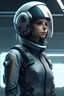 Placeholder: A DIGITAL ART portrait of a sci-fi pilot woman. She is 30 years old. She has a pilot helmet. She is reckless. She has got dreams. Her eyes are beautiful and bright. Grey. whole body standing across room