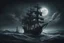 Placeholder: Open still sea with gentle waves, tiny moon and a big pirate cursed ghost-ship with high masts, taut rigging approaching. Dark and evil atmosphere. Ultra realistic