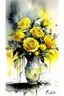 Placeholder: A watercolour and ink drawing of A vase of yellow roses in the style of artist John Lovett