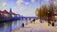 Placeholder: Sunny day, modern city near river, alfred sisley impressionism painting