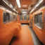 Placeholder: Surreal subway where everything is in plastic, sunny orange, even the walls and windows and shaggy carpet, futuristics