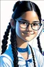 Placeholder: A 11 year old girl with pitch black hair in two braids on her shoulder white skin smile brown eyes and blue spotted glases white backround