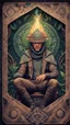 Placeholder: mandala style framed playing card illustration, close up portrait of an ace happy blessed ancient magical scaly enlightened weird ancestral evocation wizard mad max soldier posing for photo shoot on a throne, holding a burning sceptre, in a space alien mega structure with stairs and bridges woven into a sacred geometry knitted tapestry in the middle of lush magic jungle, bokeh like f/0.8, tilt-shift lens 8k, high detail, smooth render, down-light, unreal engine, prize winning