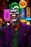 Placeholder: Jack Nicholson, The Laughing Man - A tall, muscular 20-year-old man, with (((Short, crew cut wavy green hair tapered on the sides and back:1.5))), his face is white with red lips permanently stuck in an evil grimace/smile, he has thick, bushy green eyebrows He wears a purple pinstriped jacket over a green waistcoat and an orange button up shirt with a purple tie, ((Photorealistic)), ((Cinematic Lighting)), the background is a Dark, neon lit city
