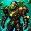 Placeholder: 90's tcg art crystal steampunk male diver with power armor and huge pauldrons fantasy glowing helmet underwater