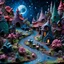 Placeholder: Detailed creepy landscape made of modeling clay, fairy tale, people, village, stars and planets, Roger Dean, naïve, Tim Burton, strong texture, extreme detail, Max Ernst, decal, rich moody colors, sparkles, bokeh