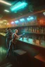 Placeholder: dog and gun in a cyberpunk bar, digital art style. fantasy,particales, wide shot,cowboy robots, western feel,cinematic, highly detailed, intricate detail