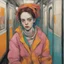 Placeholder: Egon schiele painting of a grunge woman, billie eilish, in the métro, orange, pink, turquoise, yellow colors