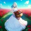 Placeholder: gorgeous anime girl wearing a yellow and white dress ,standing in a meadow of flowers, spreading rose pedals on the ground. beautiful eyes and a stunning smile, blue eyes, two blue eyes, perfect nose and rosy cheeks and red lips. girl is holding a basket with flowers in it