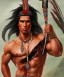 Placeholder: Guaicaipuro, native american god warrior, long black hair, big muscles, red feathers headdress, shirtless, holding a stone tip spear, fierce face