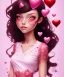 Placeholder: girl, happy, smiling, surrounded by hearts, black hair, long hair, brown eyes, portrait, pink dress