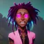 Placeholder: Ekari is a black girl with dreadlock hair big neon pink eyes smiling face