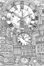 Placeholder: HAPPY NEW YEAR coloring page for kids, Clock striking midnight in a vibrant cityscape, thick outline, low details, no shading, no color