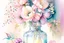 Placeholder: Cute Watercolor painting, watercolor delicate pions flowers in Vase , pastel colors, vintage style, bright light, deep shadows, super detailed