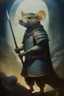 Placeholder: 1970's dark fantasy cover dnd style oil painting of a small medieval rat knight in the mist with minimalist far perspective in an abstract pattern background.