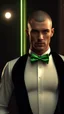 Placeholder: Handsome tough Alpha Male aged 30. buzz-cut hair, stubble on chin, wearing a black tuxedo with a green bow tie. Hyperrealistic 4k dark fantasy