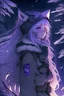 Placeholder: anime, girl, white hair, long hair, messy hair, purple eyes, ww2, ww2 costume, ww2 helmet, fox ears, fox tail, fox girl, snow night, cold, forest, dark night, dark sky