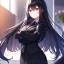 Placeholder: Clear focus,High resolution, Black long straight hair, Long bangs, and purple eyes, wearing a black suit, wearing a shirt is red, skirt is black, sleeve is white