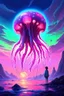 Placeholder: DALL-E 3 P: P: A stunning oil painting in anime style depicting a scary yet colorful creature with translucent, luminous qualities like a jellyfish. The creature has many detailed, iridescent eyes, multiple arms, and large ears. This creature is set against the backdrop of an incredible alien paradise planet at sunset, with vibrant colors and exaggerated perspective. The masterpiece showcases mother of pearl iridescence and holographic whites, creating a terrifying and horror-like atmosphere. Th