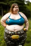 Placeholder: Fat Woman, 180 cm tall, weight approximately 250 kg. In a cow-patch bikini, she is eating and her belly is bloating very much, it is obvious that it is full.