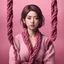 Placeholder: Hyper Realistic anime-style-women's day with maroon-ropes & pink textured background