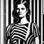 Placeholder: a black and white picture of a woman in a striped dress, a silk screen by Sarah Morris