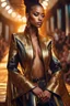 Placeholder: Photography fashion show beautiful modeling using jacket glistening oiled shiny, intricate, Exquisite details and textures, highly detailed, digital painting, concept art, sharp focus, tribal background, illustration, 8k, golden hour