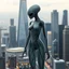 Placeholder: A transparent of a tall alien figure with black vein texture of human veins, mixing together a lot of them, making a shape of a woman, a big modern city with high status and towers in the background