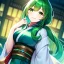 Placeholder: girl, masterpiece, best quality, volumetric lighting, detailed outfit, perfect eyes, long hair, green hair, green eyes, obi, low ponytail, smile,